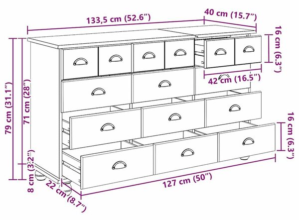 VidaXL Fiókos Szekrény fiókkal Fehér 79 x 40 x 133.5 cm Tömör fenyőfa