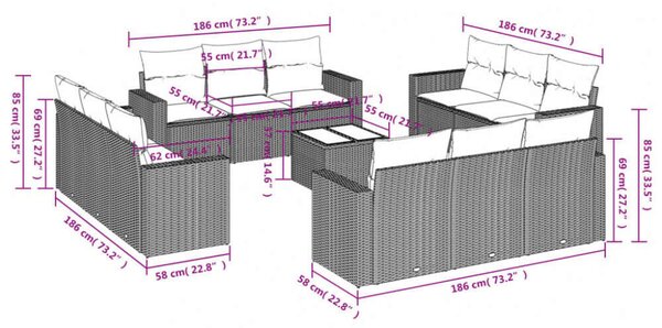 Polyrattan Kerti Ülőgarnitúra - 13 részes - Fekete
