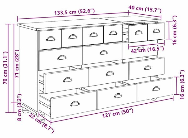 VidaXL Fiókos Szekrény fiókkal Barna 79 x 40 x 133.5 cm Tömör fenyőfa