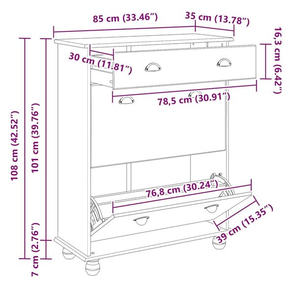 VidaXL Cipőszekrény fiókkal Barna 85 x 35 x 108 cm Tömör fenyőfa