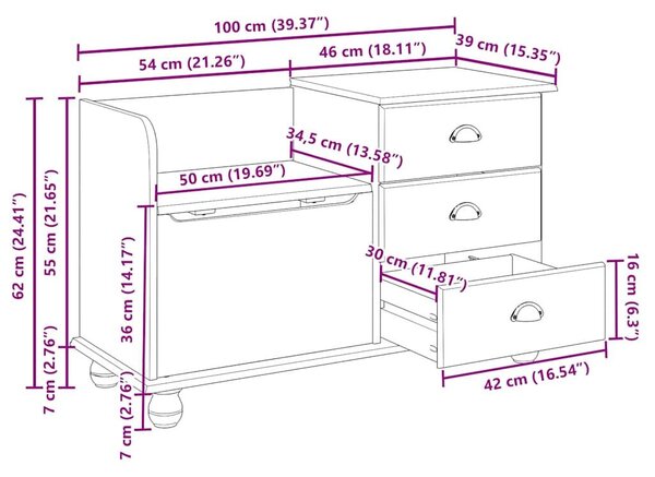 VidaXL Bejárati tárolópad ASKIM Barna 100 x 39 x 62 cm Tömör fenyőfa