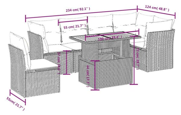 Polyrattan Kerti Ülőgarnitúra - 7 részes - Fekete