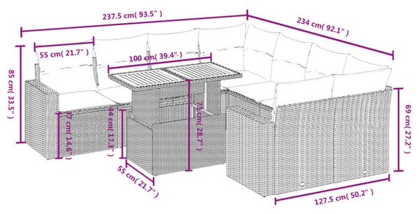 VidaXL Polyrattan Kerti Ülőgarnitúra - 9 részes - Fekete