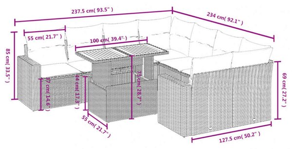 VidaXL Polyrattan Kerti Ülőgarnitúra - 9 részes - Fekete