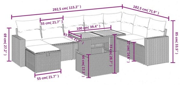 VidaXL Polyrattan Kerti Ülőgarnitúra - 9 részes - Fekete