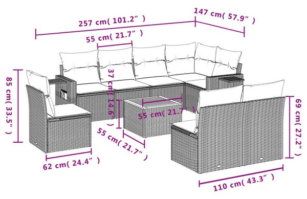 VidaXL Polyrattan Kerti Ülőgarnitúra - 9 részes - Fekete