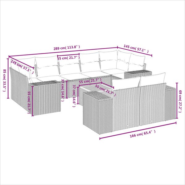 VidaXL Polyrattan Kerti Ülőgarnitúra - 10 részes - Szürke