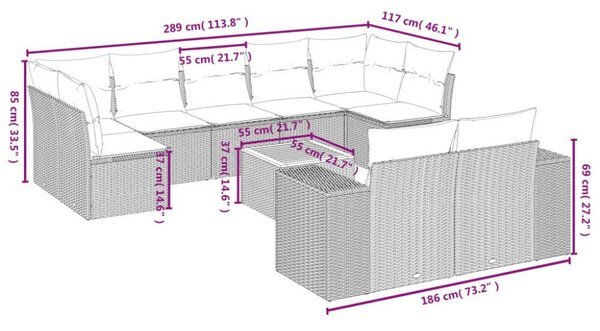 VidaXL Polyrattan Kerti Ülőgarnitúra - 10 részes - Szürke