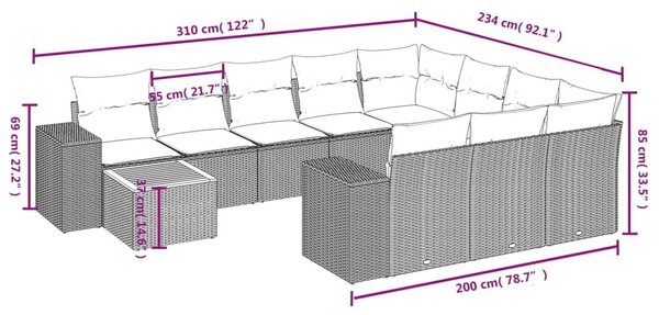VidaXL 11 db fekete polyrattan kerti kanapégarnitúra párnákkal