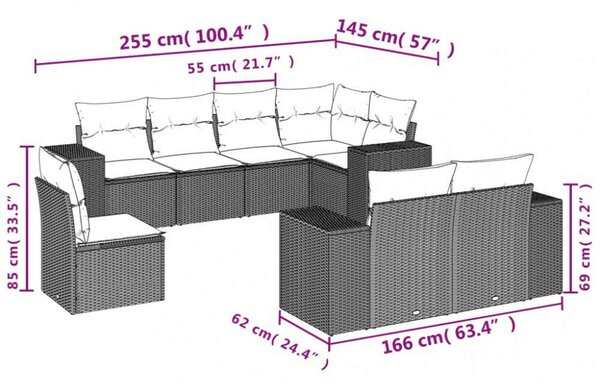 VidaXL 8 részes fekete polyrattan kerti ülőgarnitúra párnákkal