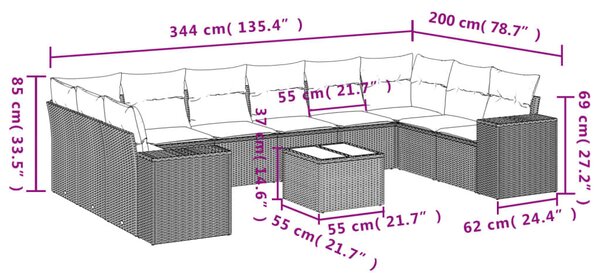 VidaXL 11 db szürke polyrattan kerti kanapégarnitúra párnákkal