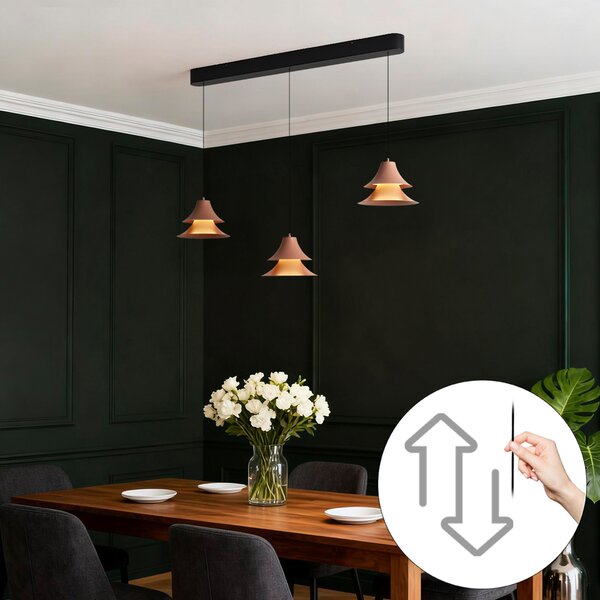 Fekete függőlámpa mokkaszínnel, LED-del, 3 lépésben dimmelhető, 3 izzós, Easylift - Witch