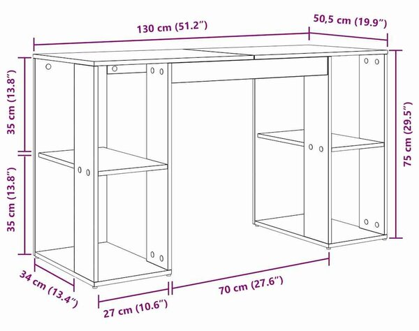 VidaXL Íróasztal tárolóval Régi fa 130 x 50.5 x 75 cm Faanyag