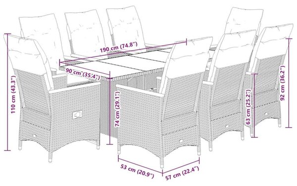 VidaXL Polyrattan Kerti Étkezőgarnitúra - 9 részes - Szürke