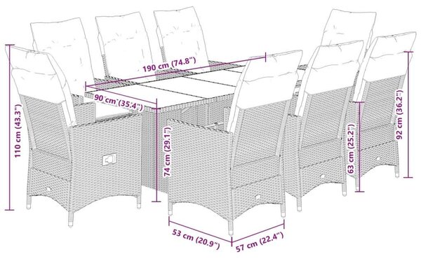 VidaXL Kerti Étkezőgarnitúra - 9 részes - Fekete Polyrattan