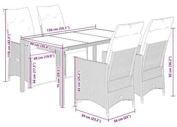VidaXL - 5 Részes Kerti Bútor - Polyrattan - Fekete