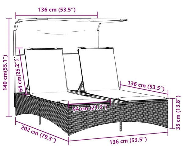 VidaXL Dupla Napozóágy - PE Rattan - 200cm