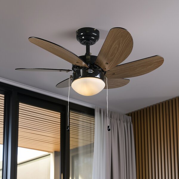 Mennyezeti ventilátor fekete fa mintával 80 cm húzózsinórral - Fresh