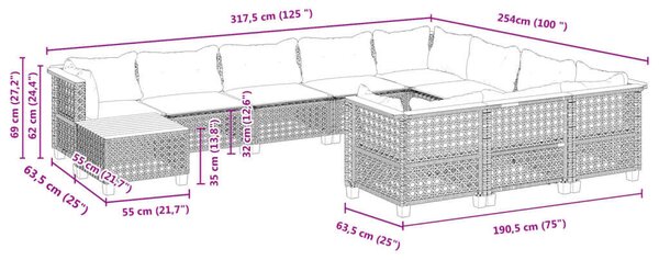 VidaXL Polyrattan Kerti Ülőgarnitúra - 11 részes - Szürke