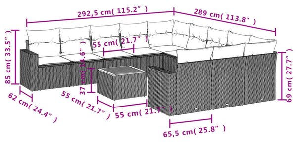 VidaXL Polyrattan Kerti Ülőgarnitúra - 12 részes - Szürke