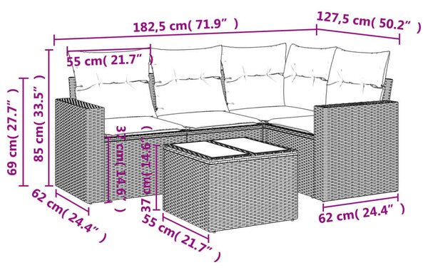 Polyrattan Kerti Kanapé Szett - 5 részes - Fekete