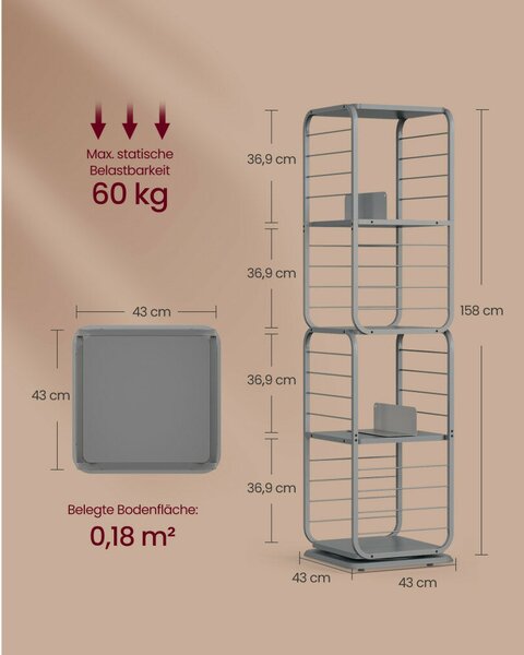 Könyvespolc, 360°-ban forgatható acél polc, 4 szintes, 43x43x158cm