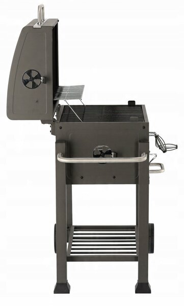 Nagy méretű kerti grill sütő fedéllel, öntöttvas rostély és kerekekkel 114,5 x 60 x 108 cm