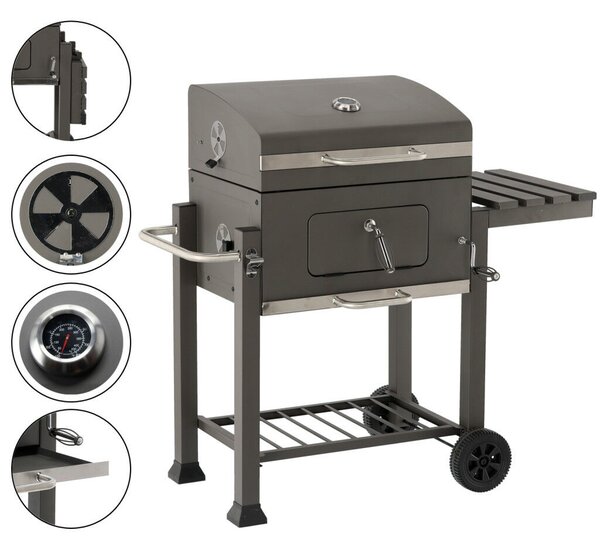 Nagy méretű kerti grill sütő fedéllel, öntöttvas rostély és kerekekkel 114,5 x 60 x 108 cm