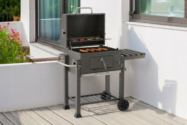Nagy méretű kerti grill sütő fedéllel, öntöttvas rostély és kerekekkel 114,5 x 60 x 108 cm