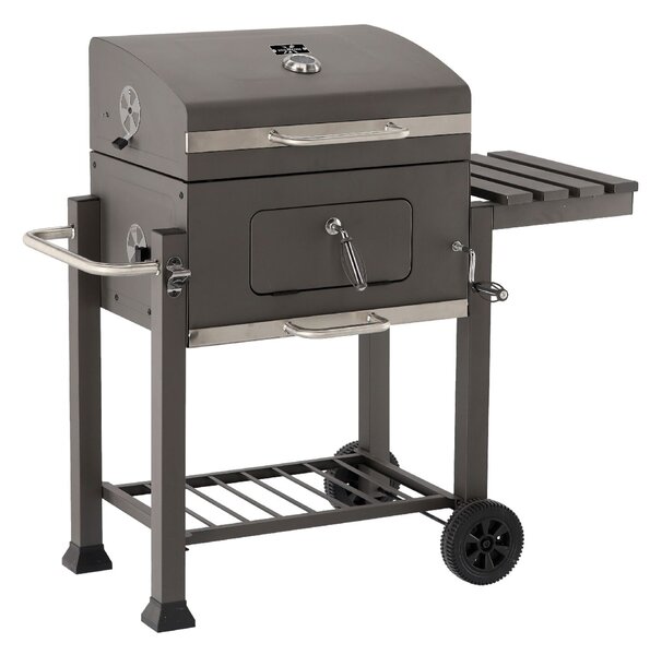 Nagy méretű kerti grill sütő fedéllel, öntöttvas rostély és kerekekkel 114,5 x 60 x 108 cm