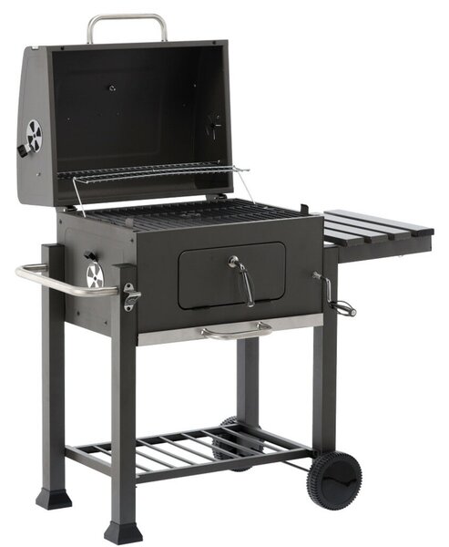 Nagy méretű kerti grill sütő fedéllel, öntöttvas rostély és kerekekkel 114,5 x 60 x 108 cm
