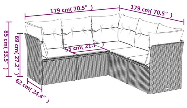 VidaXL 5 részes fekete polyrattan kerti kanapészett párnákkal