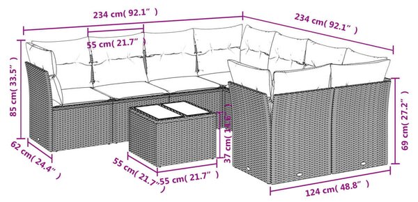 VidaXL 9 részes fekete polyrattan kerti ülőgarnitúra párnákkal