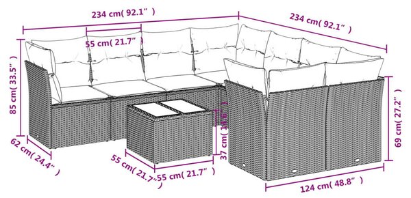 VidaXL 9 részes fekete polyrattan kerti ülőgarnitúra párnákkal
