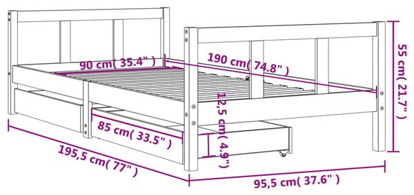 VidaXL gyerekágy keret fiókkal 90x190 cm, fehér tömör fenyőfa