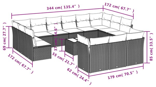 VidaXL 14 db barna polyrattan kerti kanapégarnitúra párnákkal