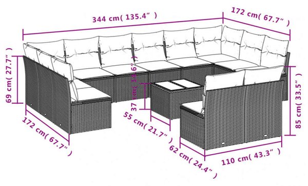 VidaXL Polyrattan Kerti Ülőgarnitúra - 13 részes - Fekete
