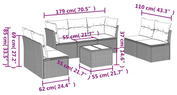 VidaXL Polyrattan Kerti Ülőgarnitúra - 8 részes - Fekete