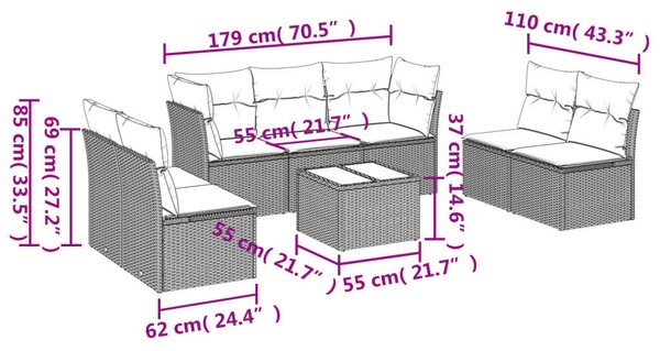 VidaXL Polyrattan Kerti Ülőgarnitúra - 8 részes - Fekete