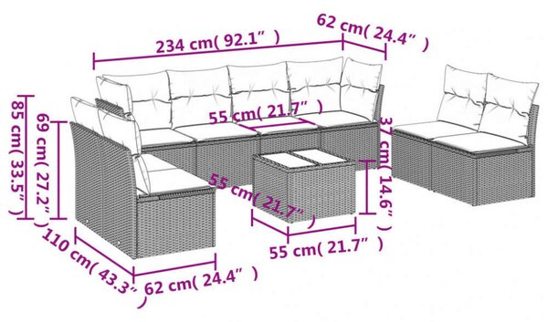 Polyrattan Kerti Ülőgarnitúra - 9 részes - Fekete