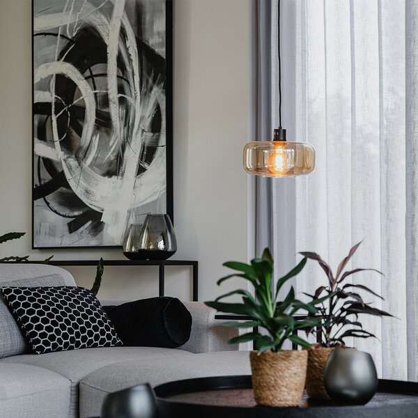 Art Deco függőlámpa fekete borostyánüveggel - Bizle