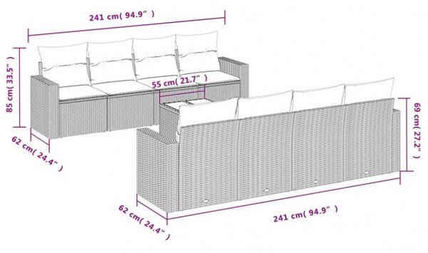 VidaXL Polyrattan Kerti Ülőgarnitúra - 9 részes - Fekete