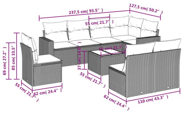 VidaXL Polyrattan Kerti Ülőgarnitúra - 9 részes - Fekete