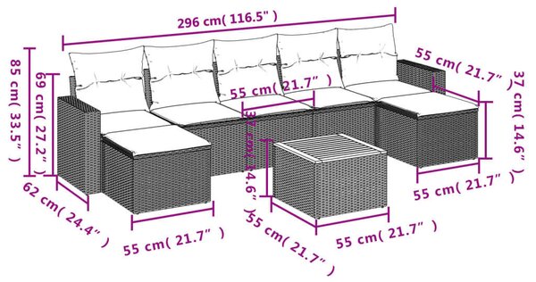 Polyrattan Kerti Ülőgarnitúra - 8 részes - Szürke