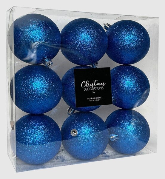 Kék glitteres műanyag karácsonyi gömb szett 8 cm 9 db