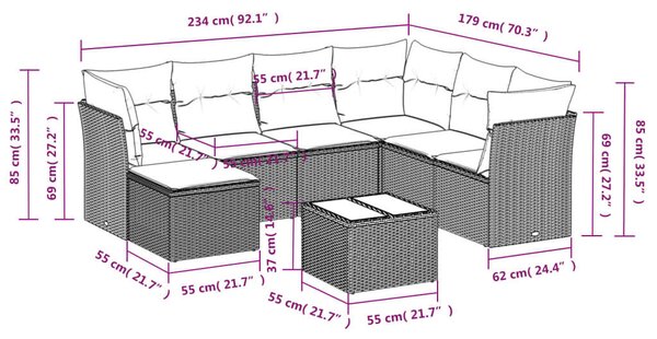 Polyrattan Kerti Ülőgarnitúra - 8 részes - Fekete
