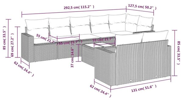 VidaXL Polyrattan Kerti Ülőgarnitúra - 9 részes - Fekete