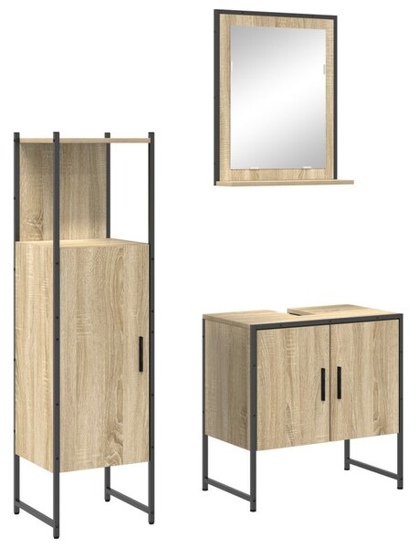 3 darabos Fürdőszoba Bútor Szett Sonoma tölgy Műanyag, Fürdőszoba Tükör Polccal Sonoma tölgy 50x12x60 cm Műanyag