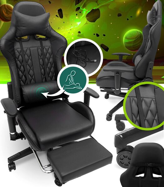 Fekete, masszírozó gamer szék kihúzható lábtartóval