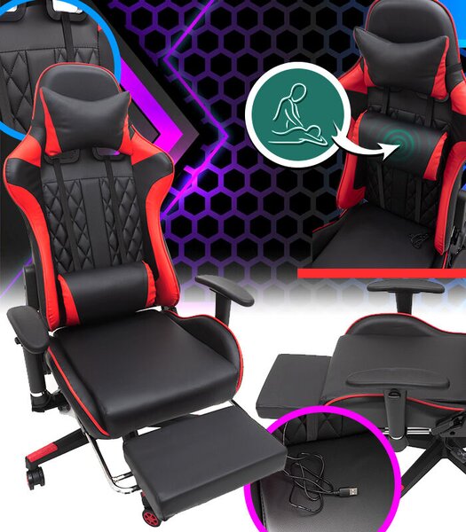 Piros gamer szék masszázsfunkcióval és kihúzható lábtartóval